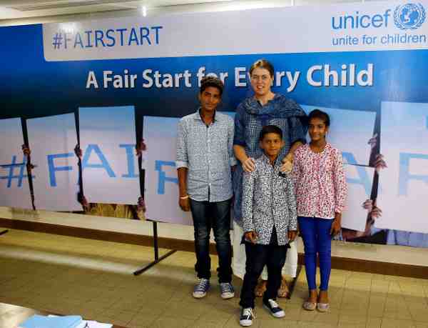 Caroline Den Dulk, Chief, Advocacy & Communication, UNICEF India with Sahil, Suraj & Belinda of Fair Start advocacy campaign