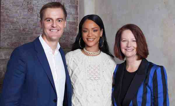 Hugh Evans, CEO of Global Citizen, with Rihanna and Global Partnership for Education (GPE) Chair and former Prime Minister of Australia, Julia Gillard, announce partnership with Rihanna's Clara Lionel Foundation where she will serve as the Global Ambassador for Education.
