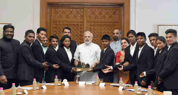 Narendra Modi meeting the members of the Mission Shaurya Team in New Delhi on June 29, 2018.
