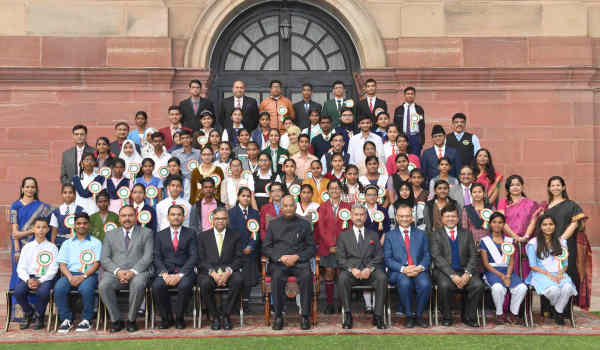 President with the winners of Tata Building India School Essay Competition