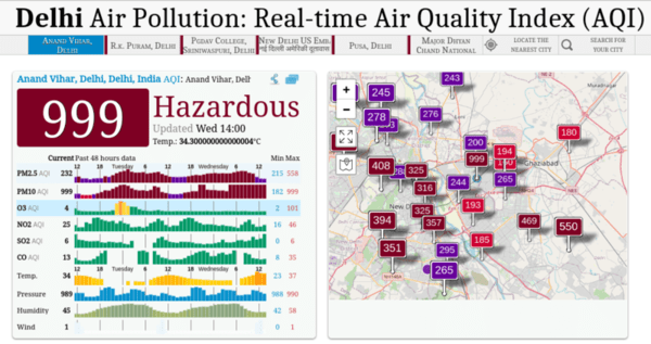 Delhi Air Pollution: The Real-time Air Quality Index (AQI) on November 8, 2023 shows hazardous air quality level in Delhi.