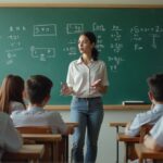 AI-generated classroom illustration showing a female teacher standing near a teaching board while students sit on benches during a communication skills lesson.