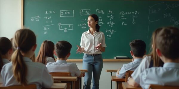 AI-generated classroom illustration showing a female teacher standing near a teaching board while students sit on benches during a communication skills lesson.