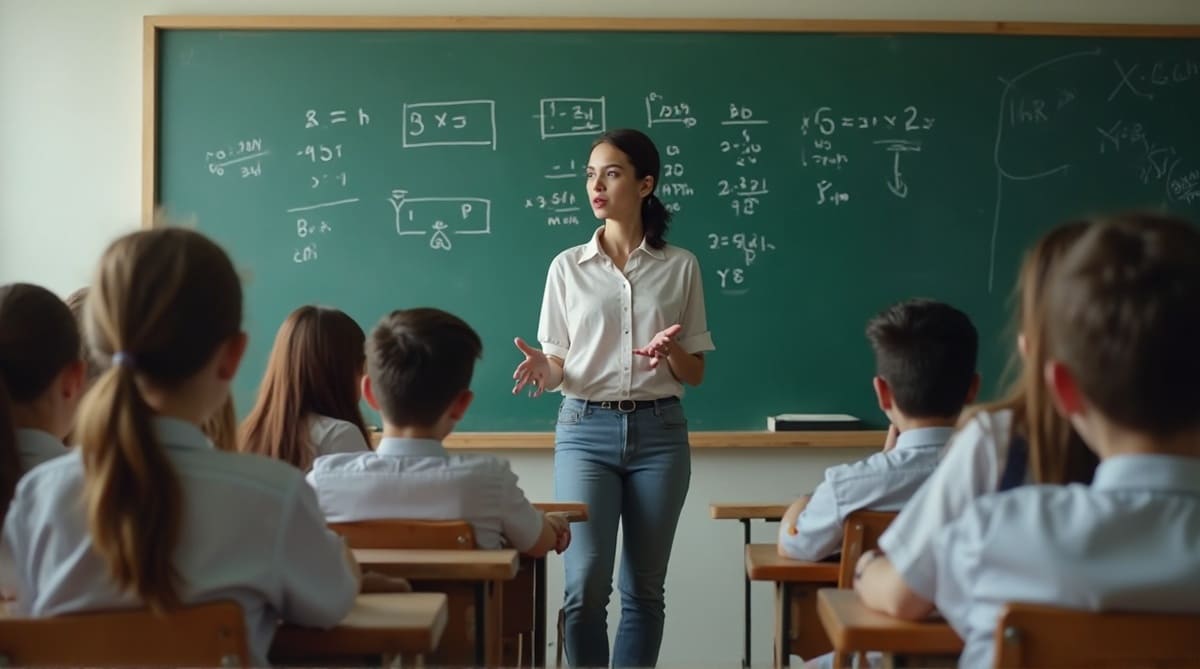 AI-generated classroom illustration showing a female teacher standing near a teaching board while students sit on benches during a communication skills lesson.