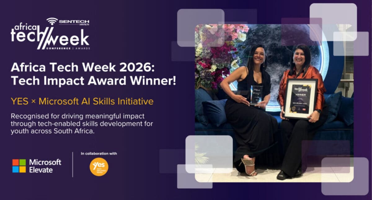 Poster for the YES and Microsoft AI Skills Initiative promoting digital education and AI training for South African youth.