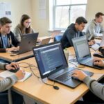 AI-generated illustration showing high school and college students using AI chatbots on laptops and tablets inside a modern classroom.