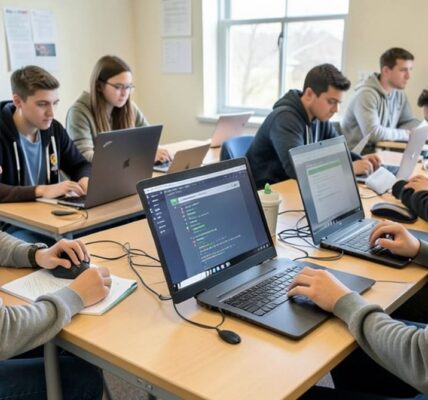 AI-generated illustration showing high school and college students using AI chatbots on laptops and tablets inside a modern classroom.