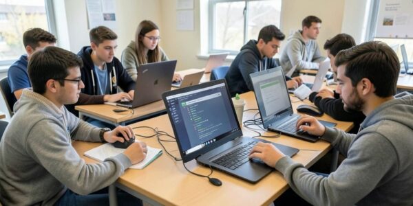 AI-generated illustration showing high school and college students using AI chatbots on laptops and tablets inside a modern classroom.