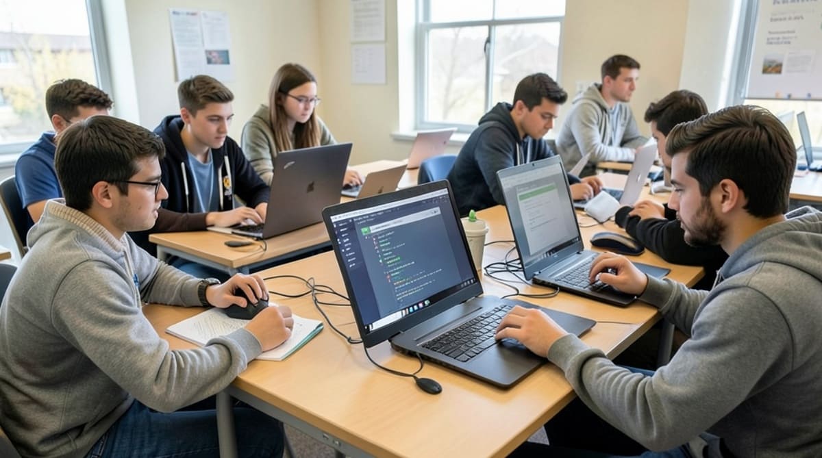 AI-generated illustration showing high school and college students using AI chatbots on laptops and tablets inside a modern classroom.