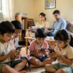 Children engrossed in mobile phones while distracted parents work in the background.