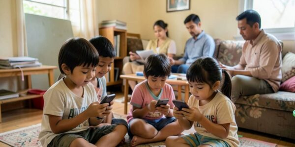 Children engrossed in mobile phones while distracted parents work in the background.