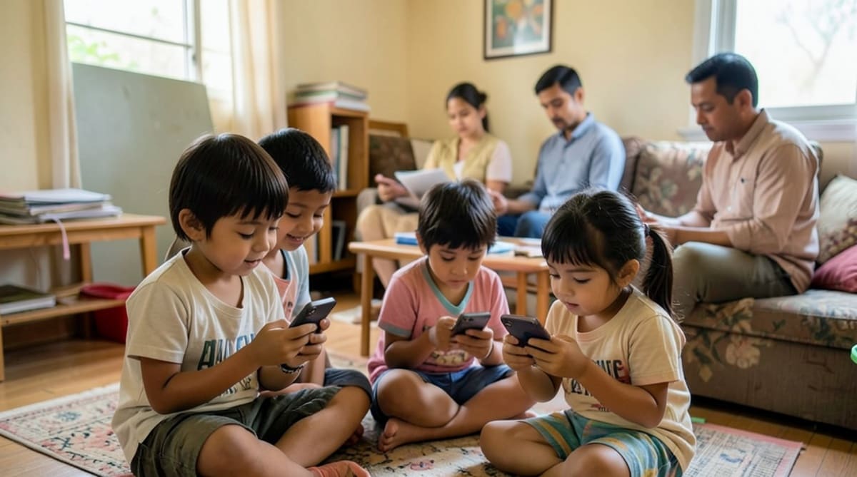Children engrossed in mobile phones while distracted parents work in the background.