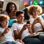 Group of diverse teenage students smiling and using mobile smartphones together.