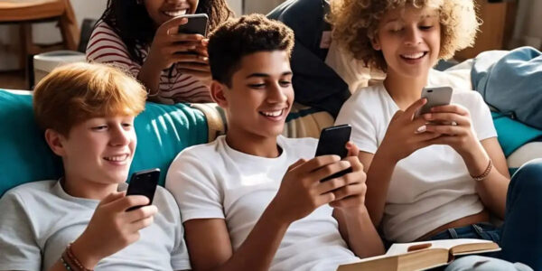 Group of diverse teenage students smiling and using mobile smartphones together.