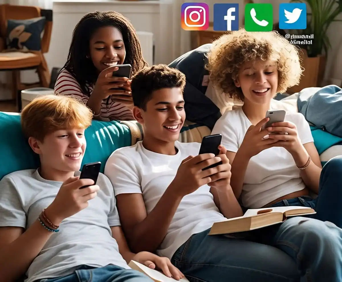 Group of diverse teenage students smiling and using mobile smartphones together.
