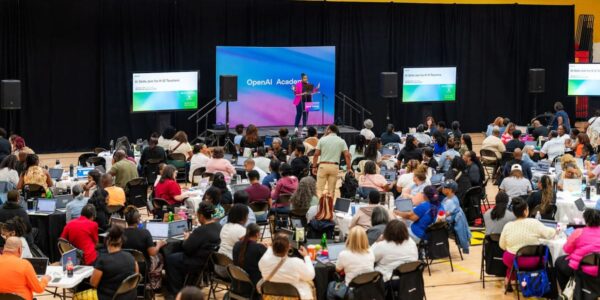 K–12 educators collaborating at an OpenAI Teacher Jam workshop to learn about AI tools for the classroom.